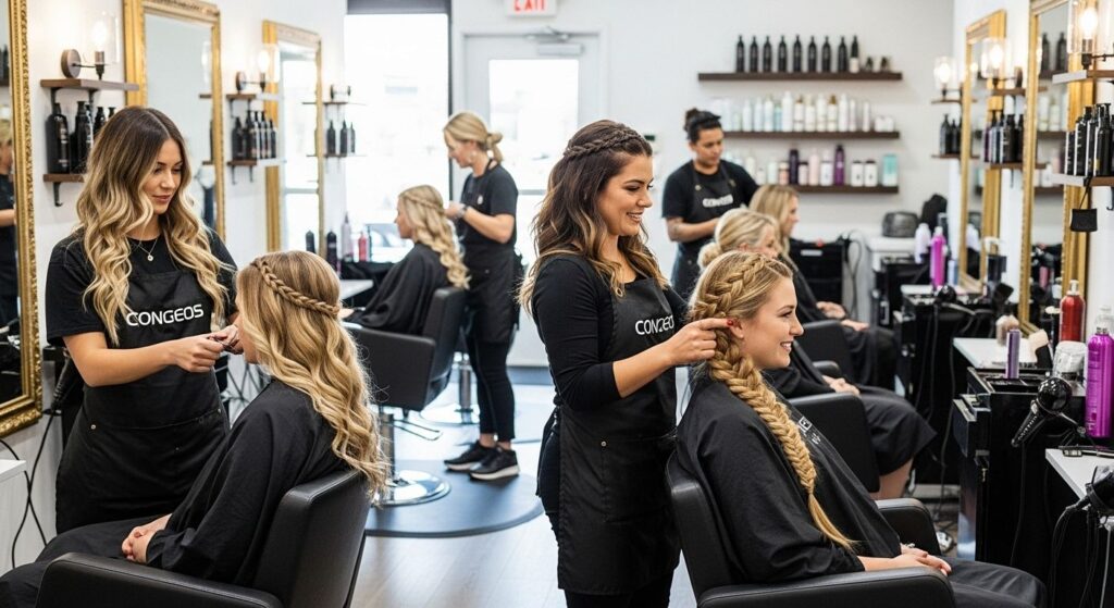 long hair styling, salon, modern hairstyle