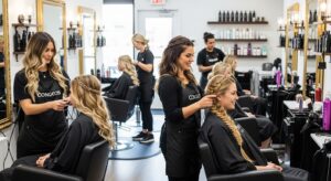 long hair styling, salon, modern hairstyle
