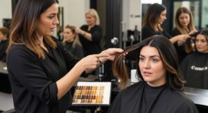 highlights for dark hair, hair salon consultation, balayage
