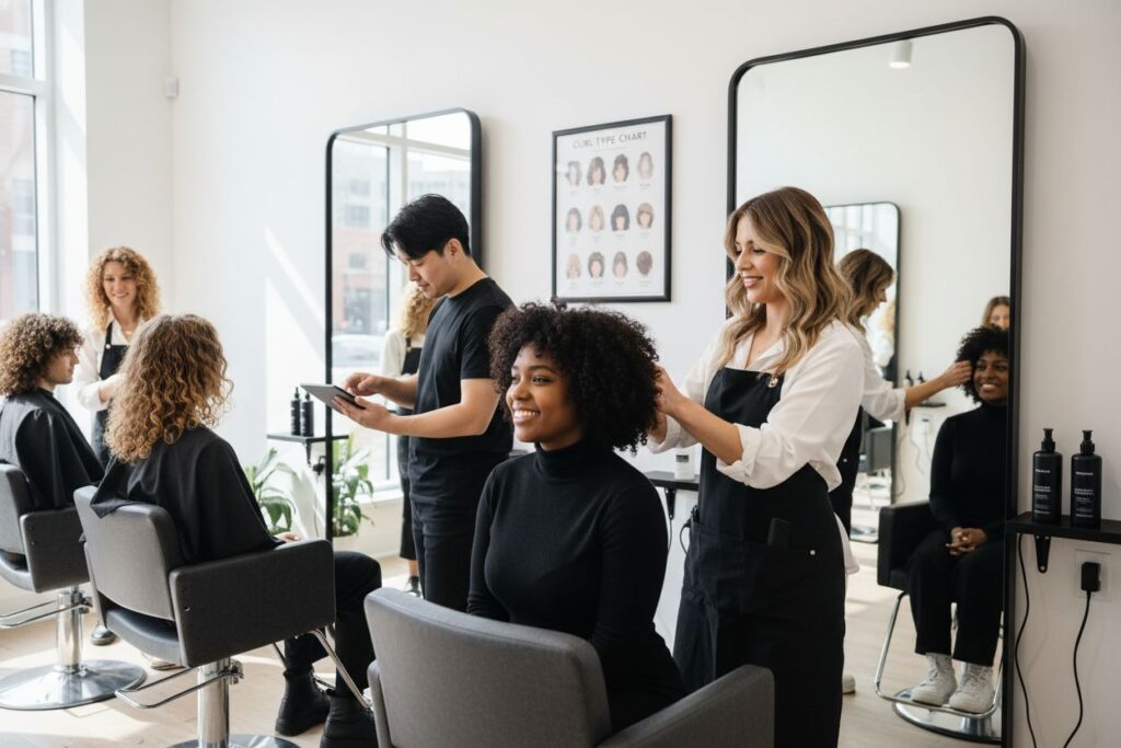 curly hair haircuts, salon, diversity