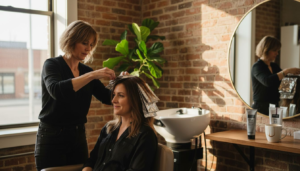 Hair stylist applying foil highlights in salon