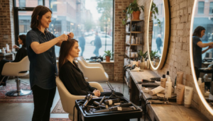 Client receives hair assessment in salon