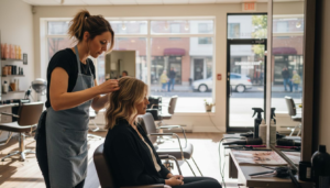 Stylist tending client in busy salon