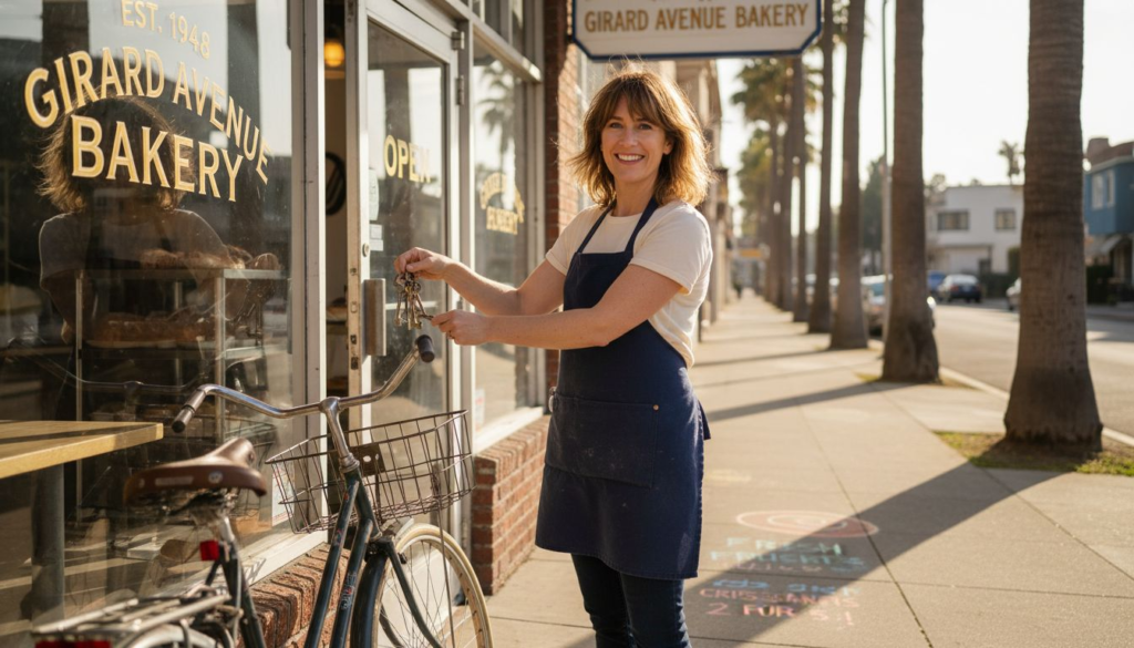 Bakery owner unlocking La Jolla shop in morning